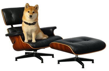 Bean the Shiba Inu on a black leather and wood lounge chair with ottoman